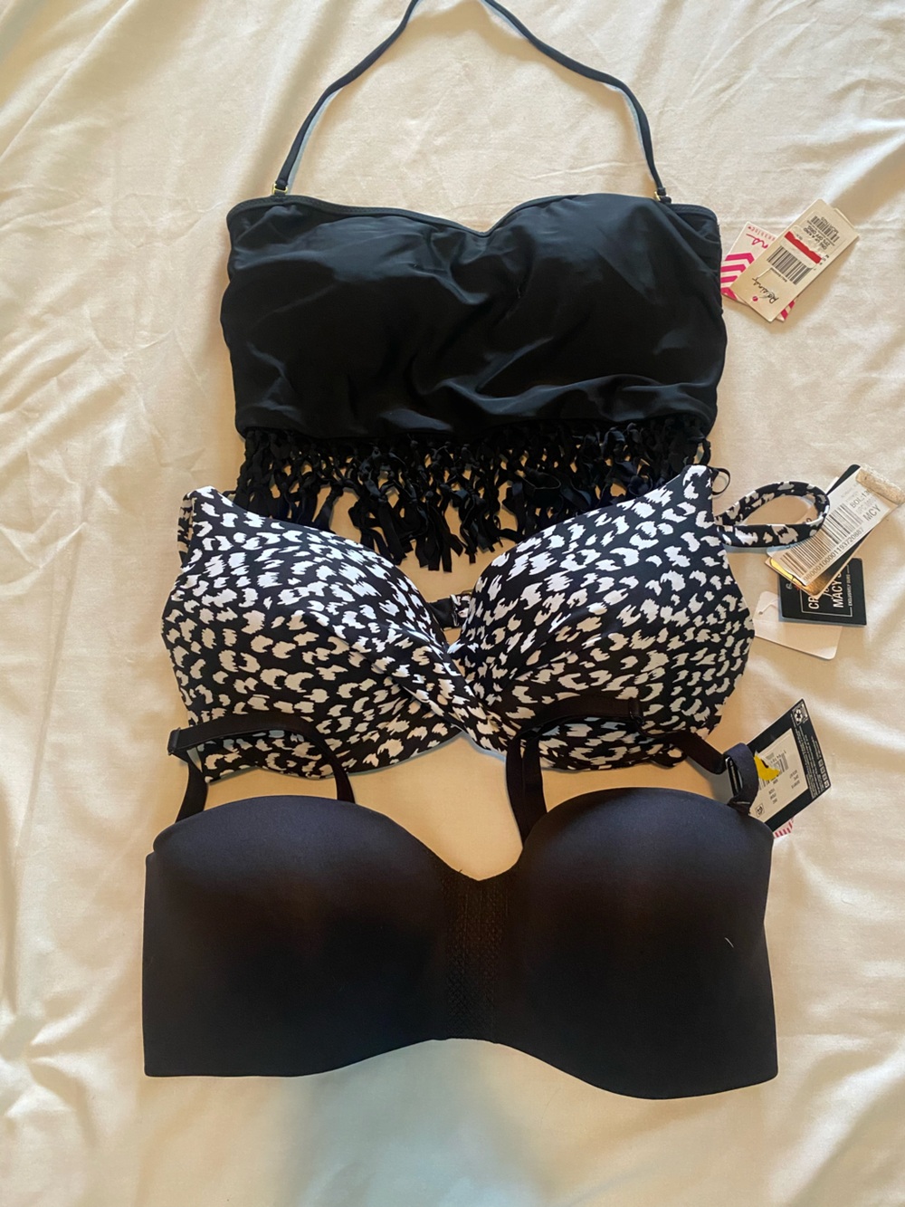 3 brand new Women’s Black Strapless Bra, Bikini Top and swim top w/ Fringe